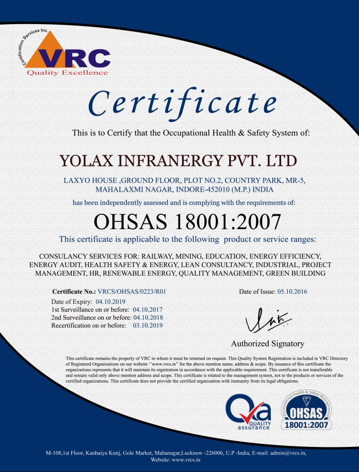 Yolax-Infranergy-ohsas-certificate